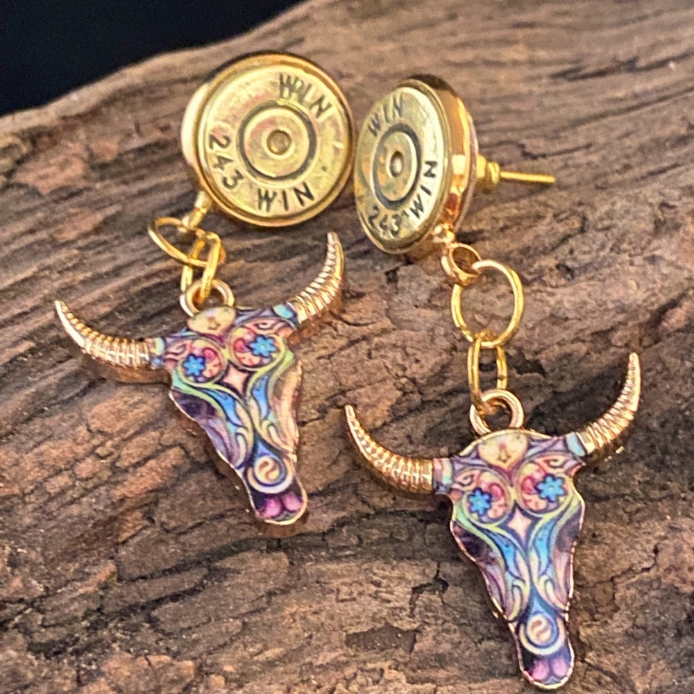 New authentic bullet steer skull stud earrings